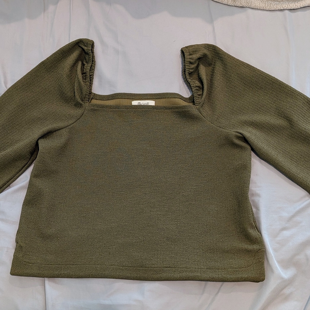 COPY - Madewell Crepe Square Neck Puff Sleeve Top (Olive Green) (M)